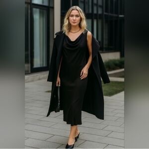 DKNY Cowlneck Midi Slip Black Sleeveless Dress